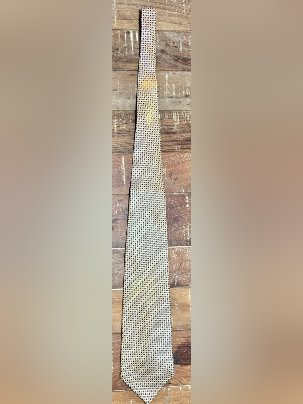 Geoffrey Beene 100% Silk Tie Beige Blue Pink Geometric Dot Pattern Made in USA